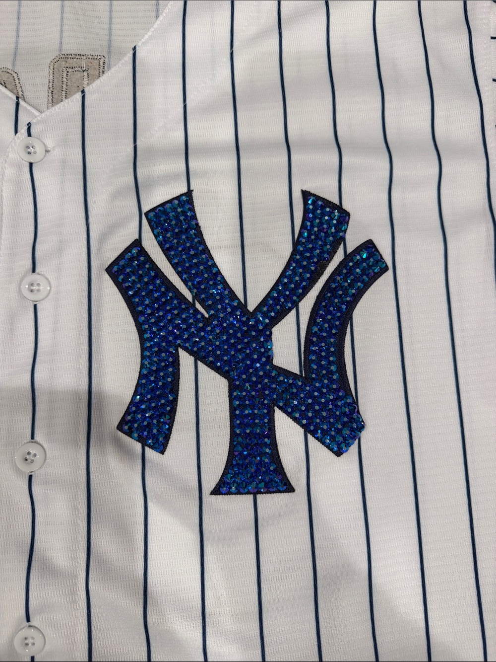 Nike White Pinstripe Yankees Jersey Custom with Blue Rhinestone Logo #99 #Rare